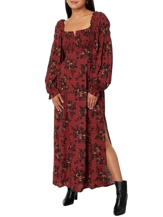 Free People Jaymes Maxi Dress Burgundy Floral Smocked Long Sleeve 36437 - Picture 4 of 11